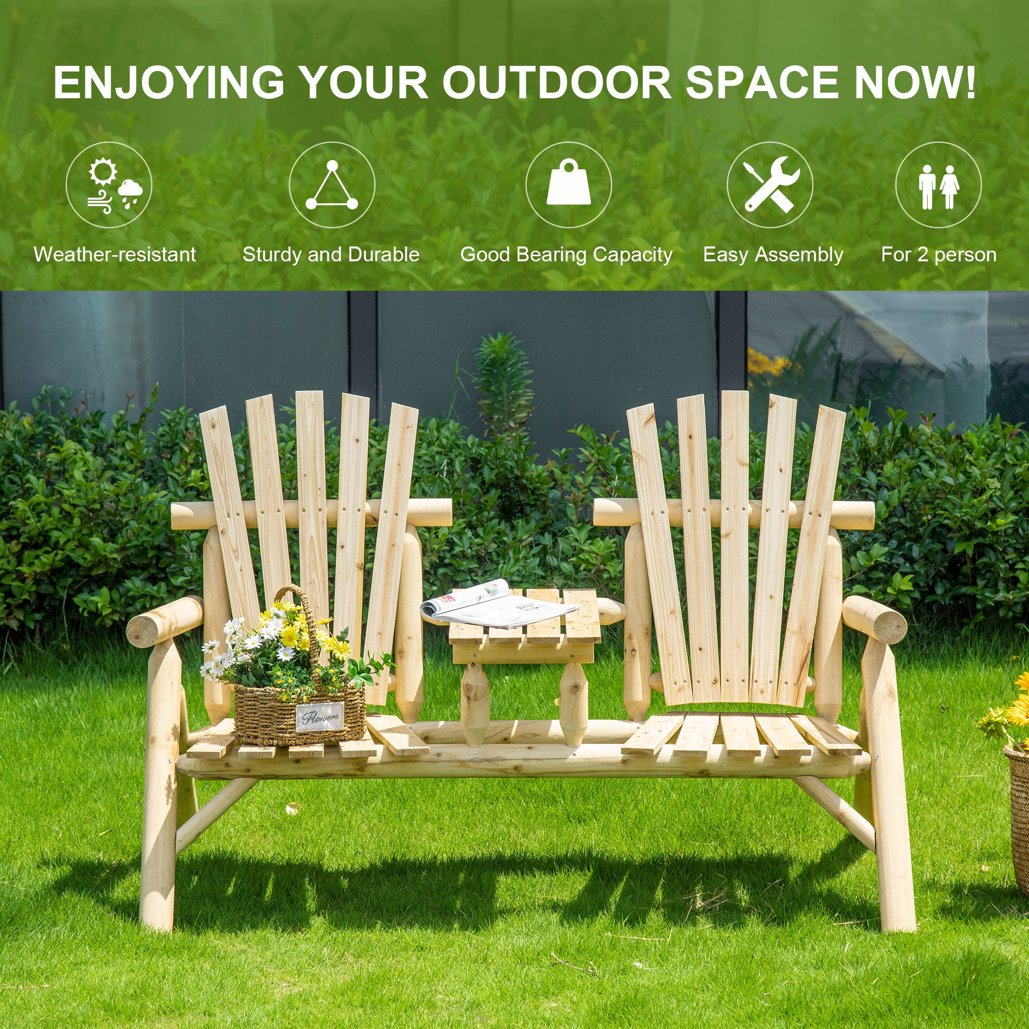 2-Seat Wooden Adirondack Chair, Patio Bench with Table, Outdoor Loveseat Fire Pit Chair for Porch, Backyard, Deck