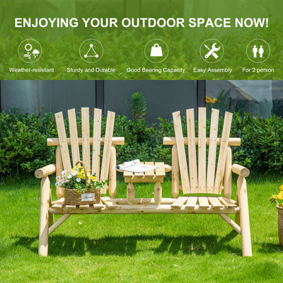 2-Seat Wooden Adirondack Chair, Patio Bench with Table, Outdoor Loveseat Fire Pit Chair for Porch, Backyard, Deck