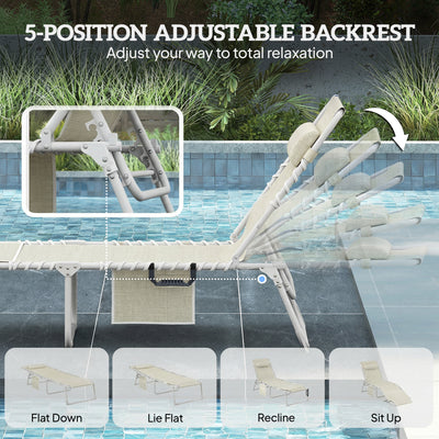 Tanning Chair Set of 2 with Face Hole and Side Table, 5-Position Folding Outdoor Chaise Lounge Chair
