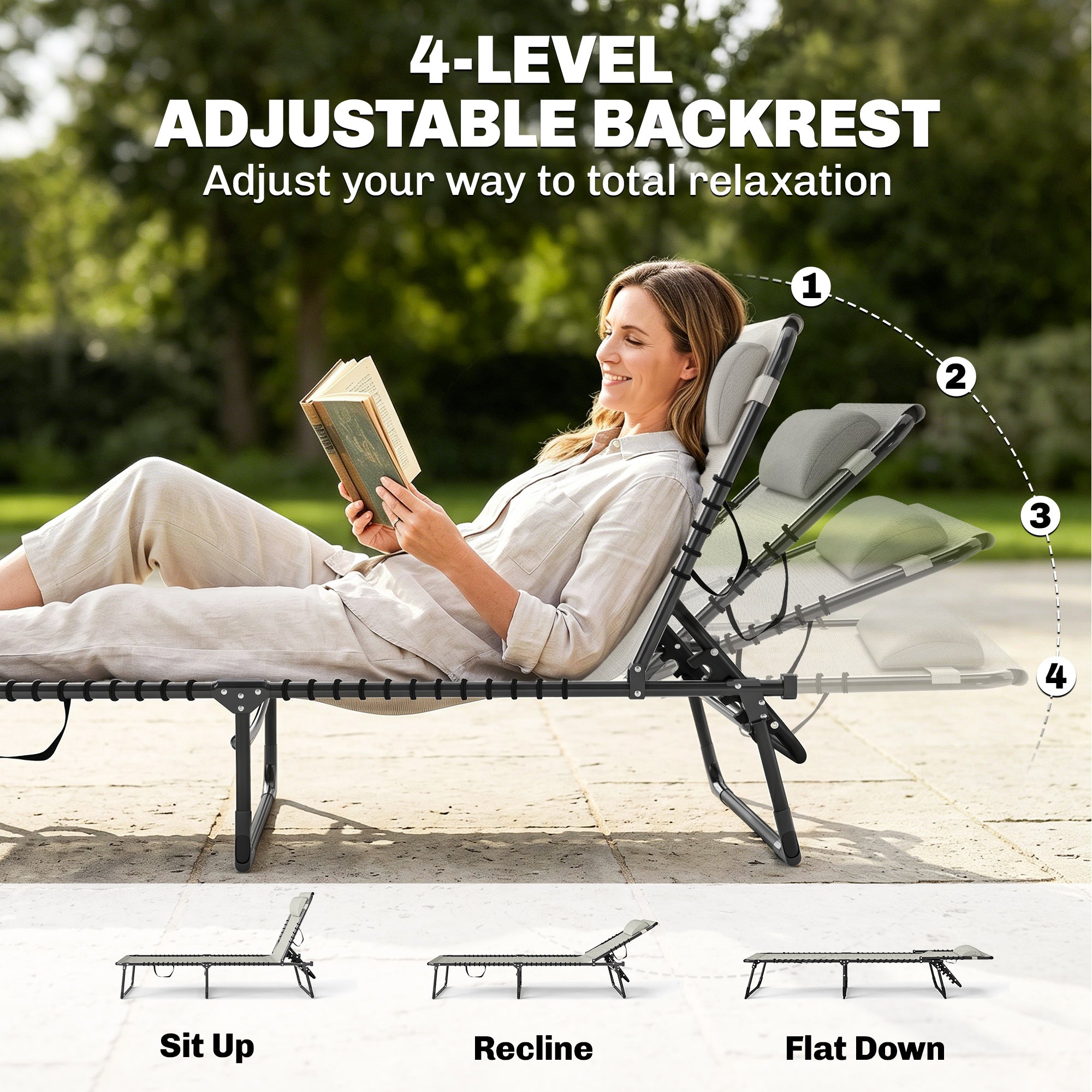 2 Folding Chaise Lounge Pool Chairs with 4-Position Reclining Back, Pillow, Breathable Mesh & Bungee Seat
