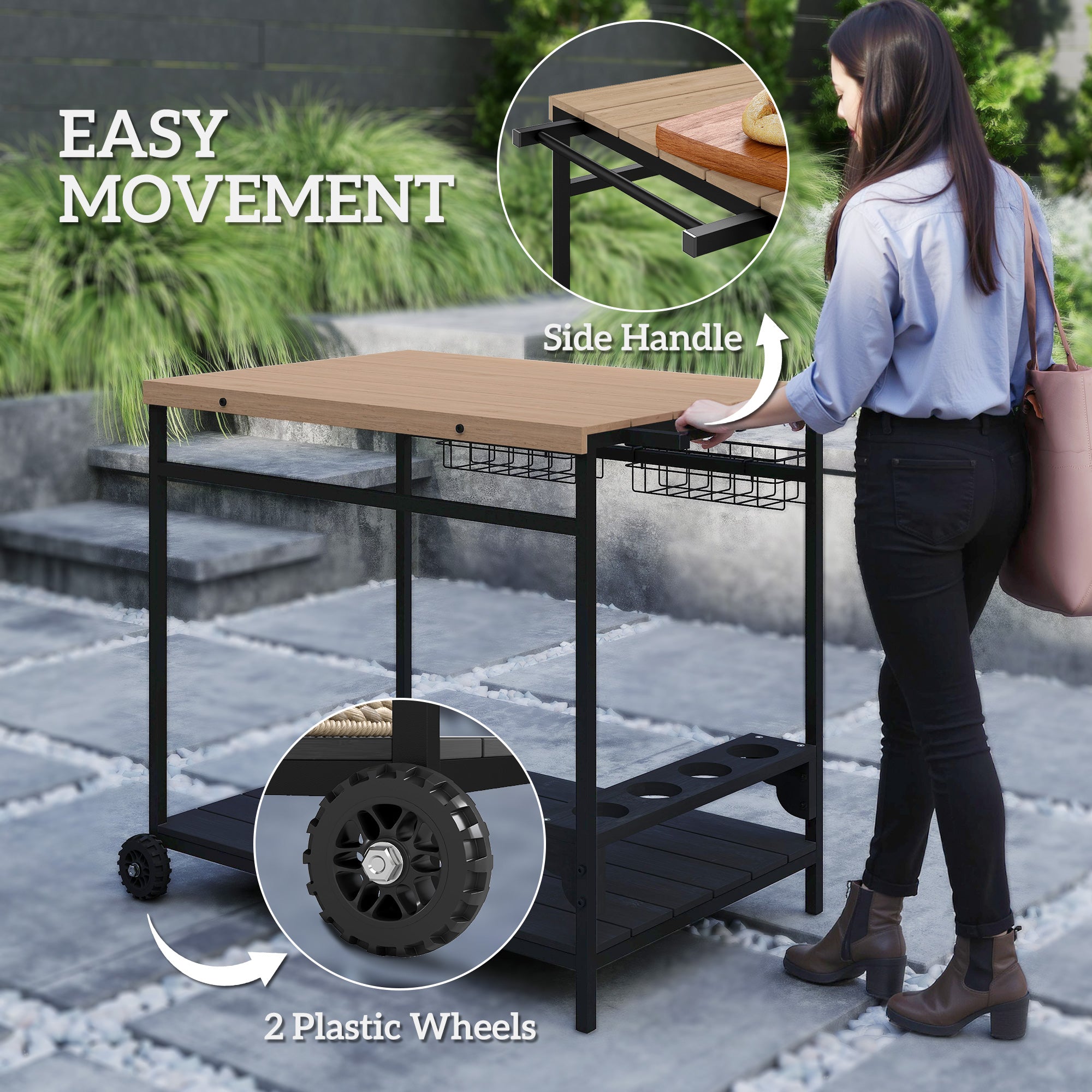 Outdoor Bar Cart Patio Serving Cart with Wine Holders Natural