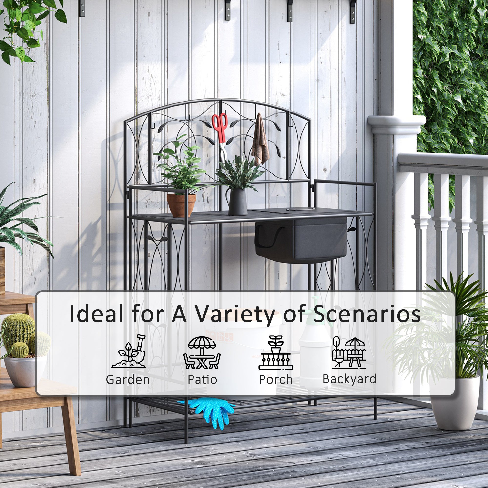 Folding Potting Bench Table, Metal Garden Workstation, Work Bench with Large Built-in Bag with Cover, 5 Hanging Hooks & Storage Shelf, Leaf Pattern