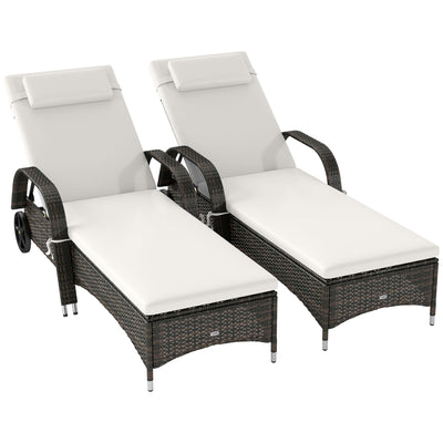 2 Reclining Chaise Lounge Chairs, Rolling Outdoor Chairs with Cushion, Pillow, Headrest, Armrests, and Wheels