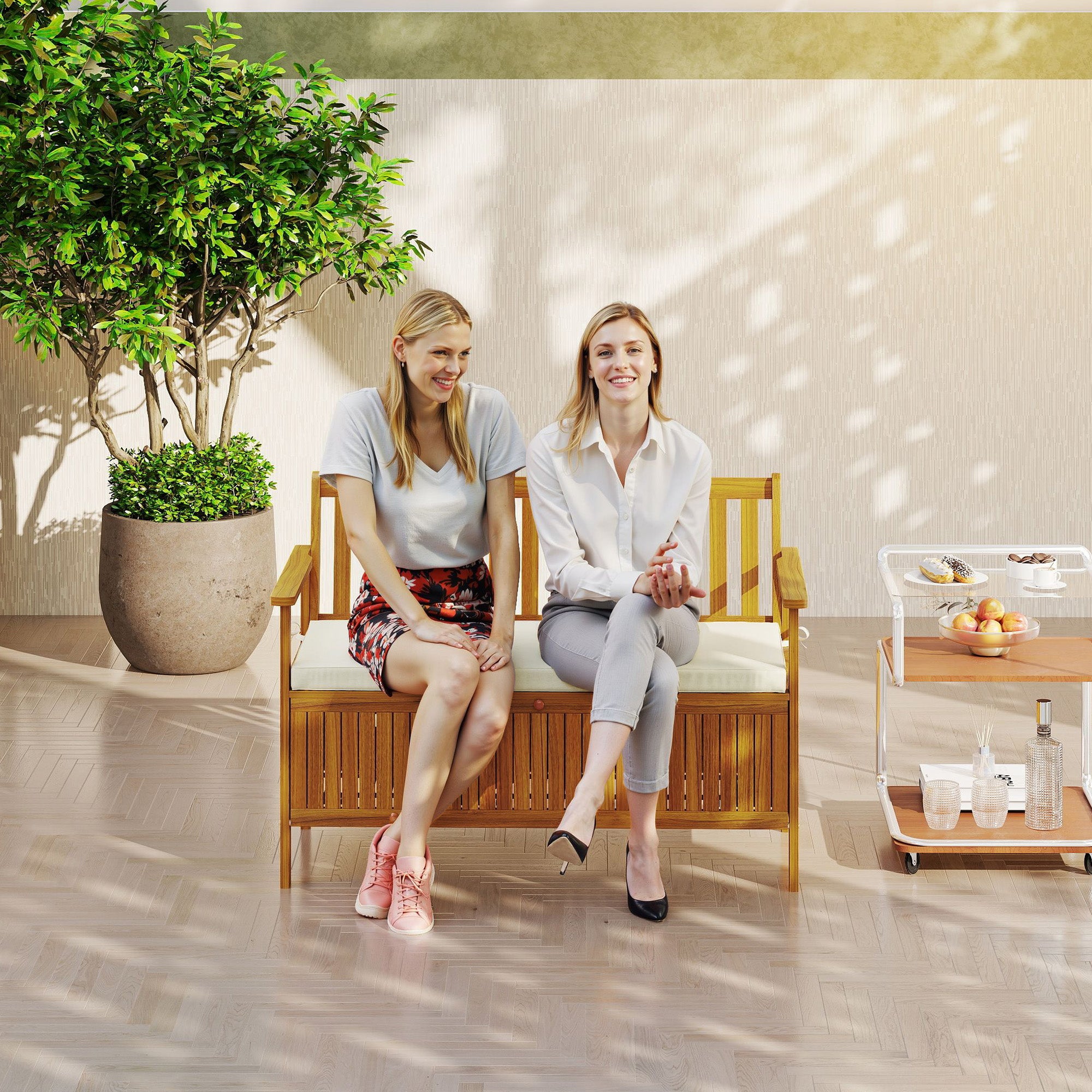 Outdoor Bench with Storage Compartment, Acacia Wood Patio Bench with Cushion, 2 Seater Garden Bench, Teak