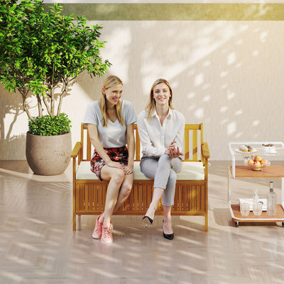 Outdoor Bench with Storage Compartment, Acacia Wood Patio Bench with Cushion, 2 Seater Garden Bench, Teak