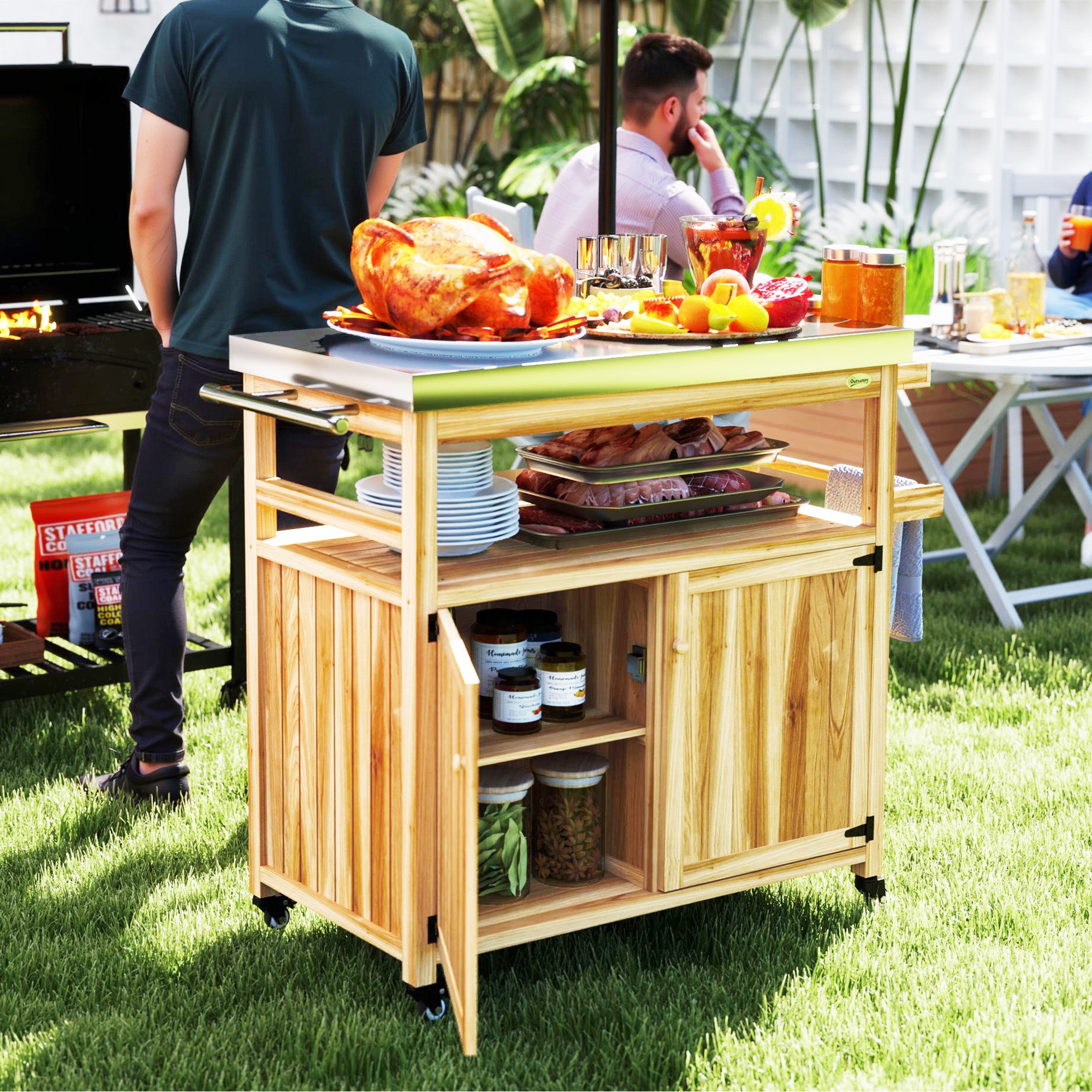Outdoor Grill Cart w/ Stainless Steel Top, Solid Wood Outdoor Kitchen Island w/ Wheels, Storage Cabinets