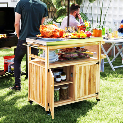 Outdoor Grill Cart w/ Stainless Steel Top, Solid Wood Outdoor Kitchen Island w/ Wheels, Storage Cabinets