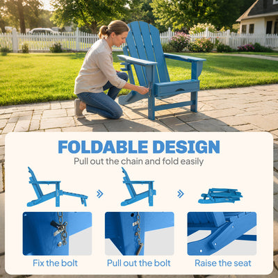 Folding Adirondack Chair Set of 2, HDPE Fire Pit Chair with Retractable Ottoman and Cup Holder