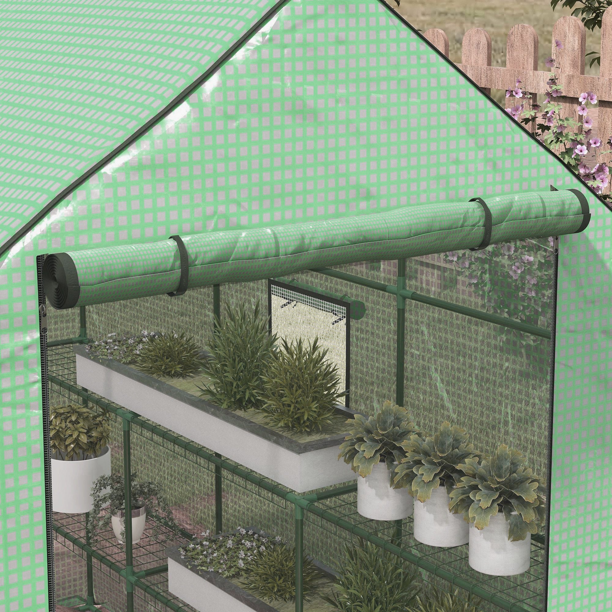 4.6' x 4.7' Portable Greenhouse, Water/UV Resistant Walk-In Small Outdoor Green House with 2 Tier U-Shaped Flower Rack Shelves, Roll Up Door & Windows