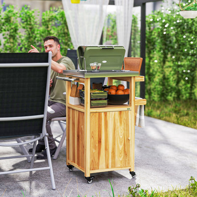 Outdoor Grill Cart w/ Stainless Steel Top, Solid Wood Outdoor Kitchen Island w/ Wheels, Integrated Hole