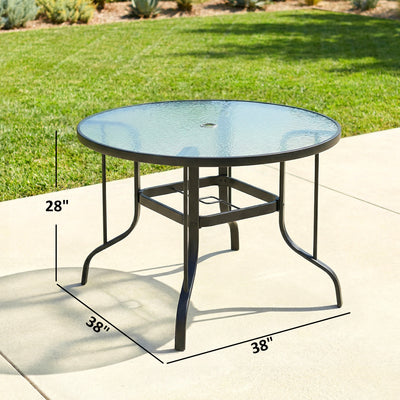 38" Round Patio Table with Umbrella Hole, Tempered Glass Outdoor Dining Table, Black