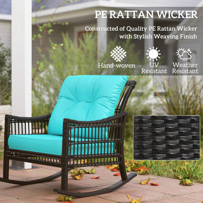 3 Piece Outdoor PE Rattan Rocker Chair Set, Rocking Chair with Tempered Glass Table Top