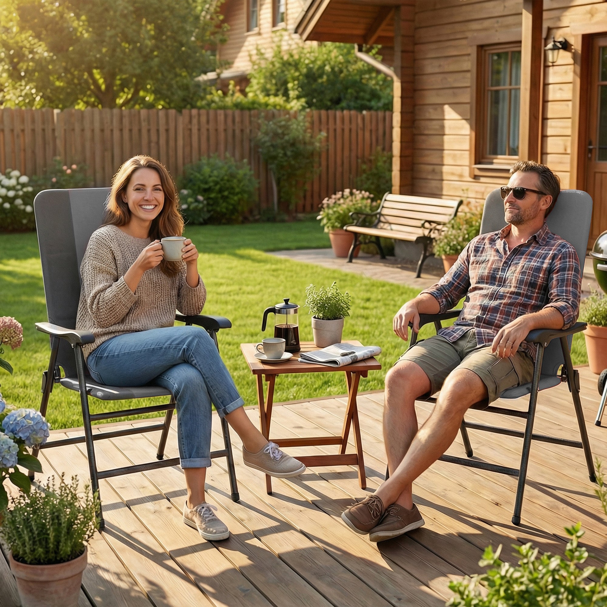 Folding Patio Chairs Set of 2, Padded High Back Lawn Camping Chairs with Armrests, 600D Oxford Fabric