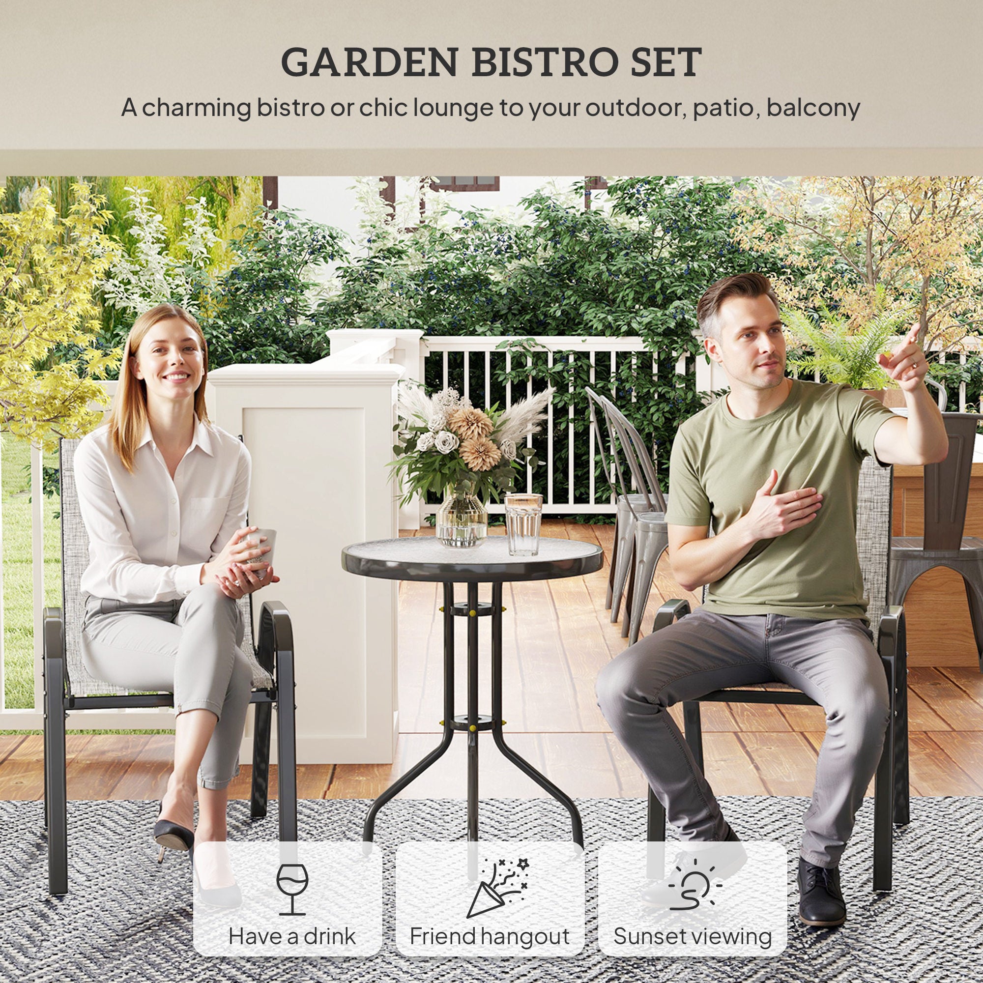 3 Pieces Bistro Set, Small Patio Furniture Set with Stackable Chairs and Glass Table for Backyard, Balcony