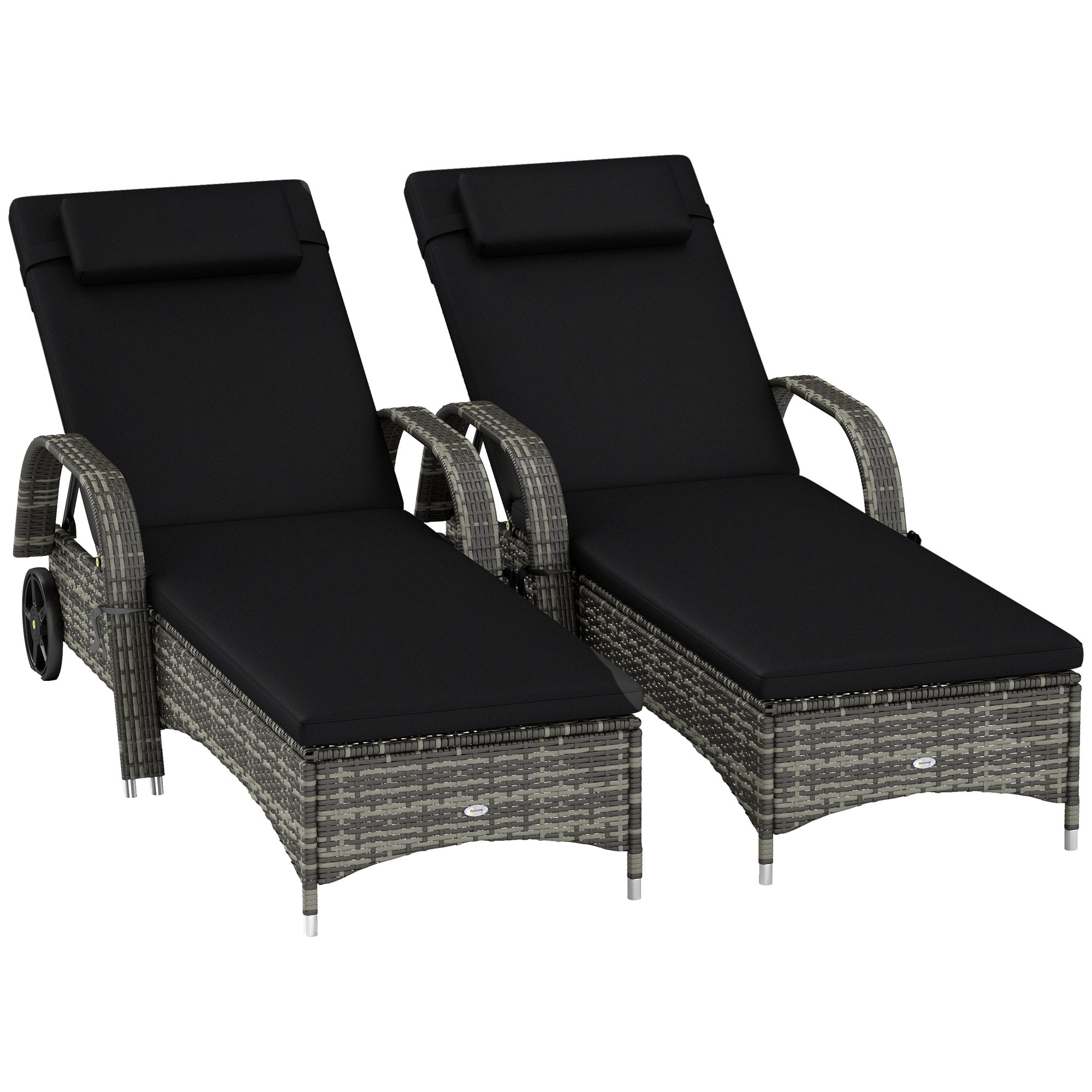 2 Reclining Chaise Lounge Chairs, Rolling Outdoor Chairs with Cushion, Pillow, Headrest, Armrests, and Wheels