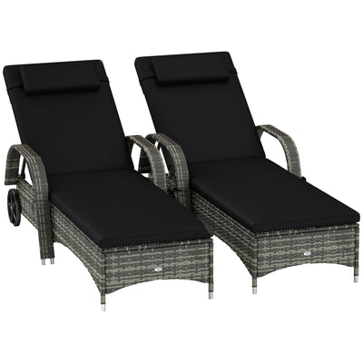 2 Reclining Chaise Lounge Chairs, Rolling Outdoor Chairs with Cushion, Pillow, Headrest, Armrests, and Wheels