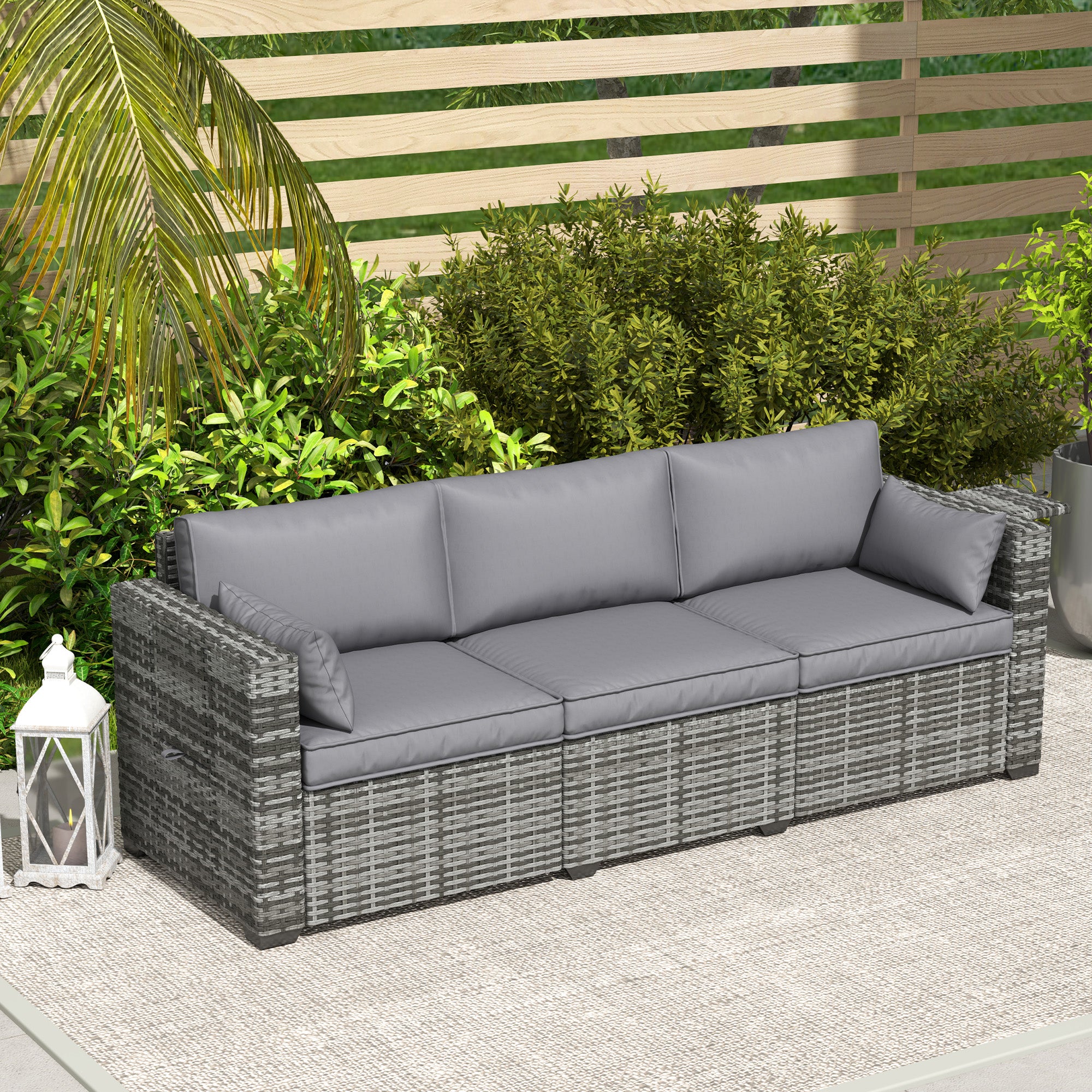 3 Seater Wicker Sofa with Side Trays, Outdoor Patio Couch with 6" Thick Back Cushions, Deep Seating, Mixed Gray
