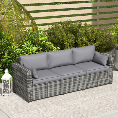 3 Seater Wicker Sofa with Side Trays, Outdoor Patio Couch with 6" Thick Back Cushions, Deep Seating, Mixed Gray