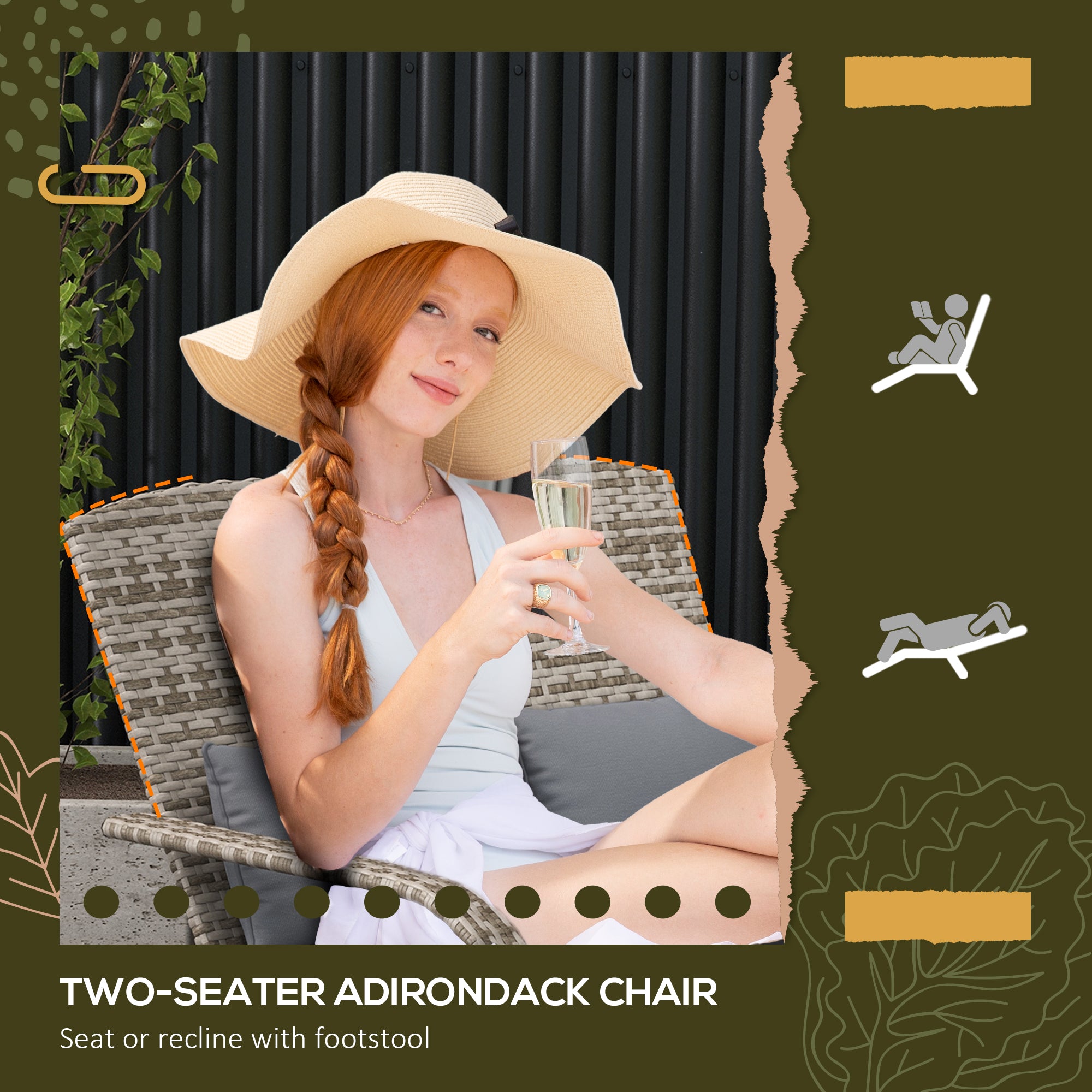 2 Person Patio Wicker Adirondack Chair, High-Back Fire Pit Chair with Cushions