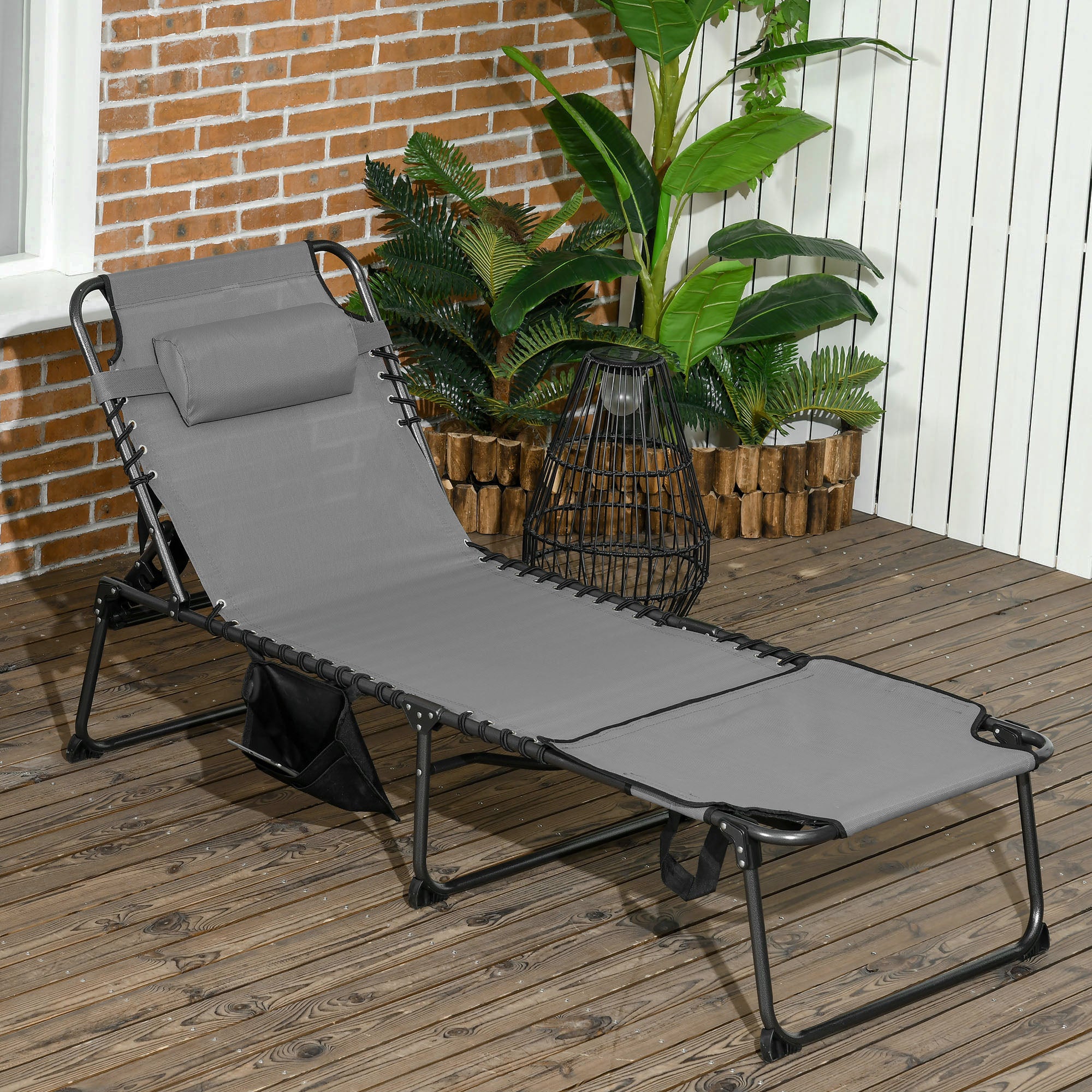 Folding Chaise Tanning Lounge Chair w/ 5-level Reclining Back, Reading Hole, Side Pocket, Headrest