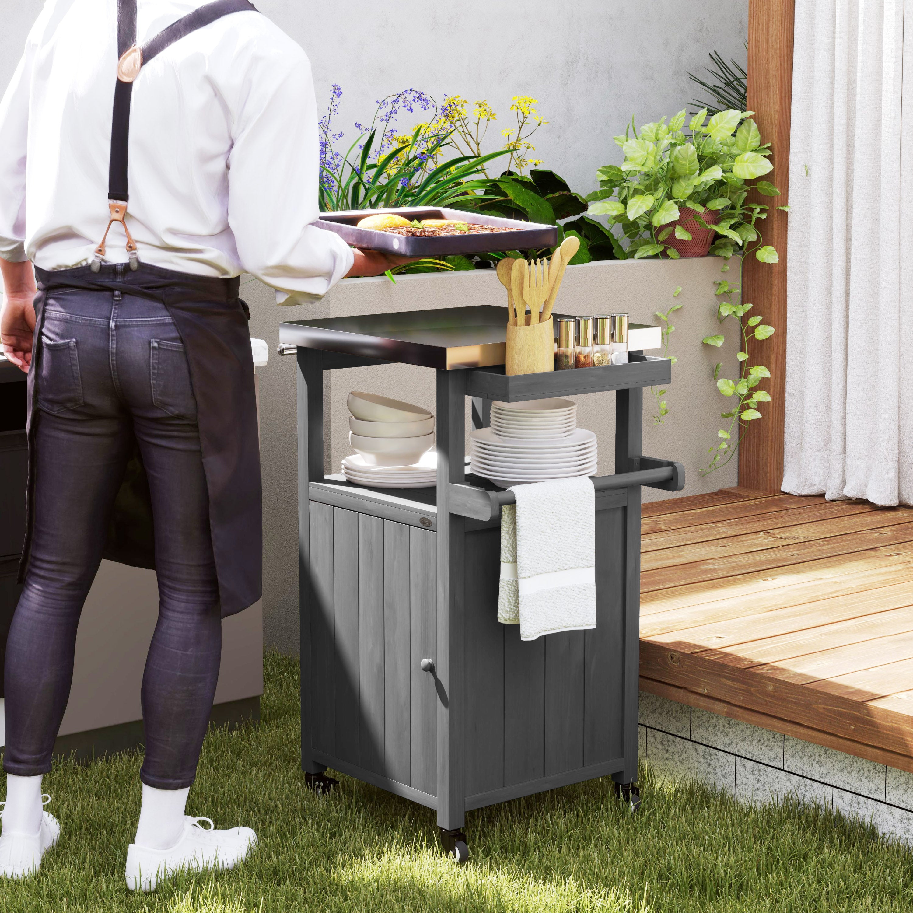 Outdoor Grill Cart w/ Stainless Steel Top, Solid Wood Outdoor Kitchen Island w/ Wheels, Integrated Hole