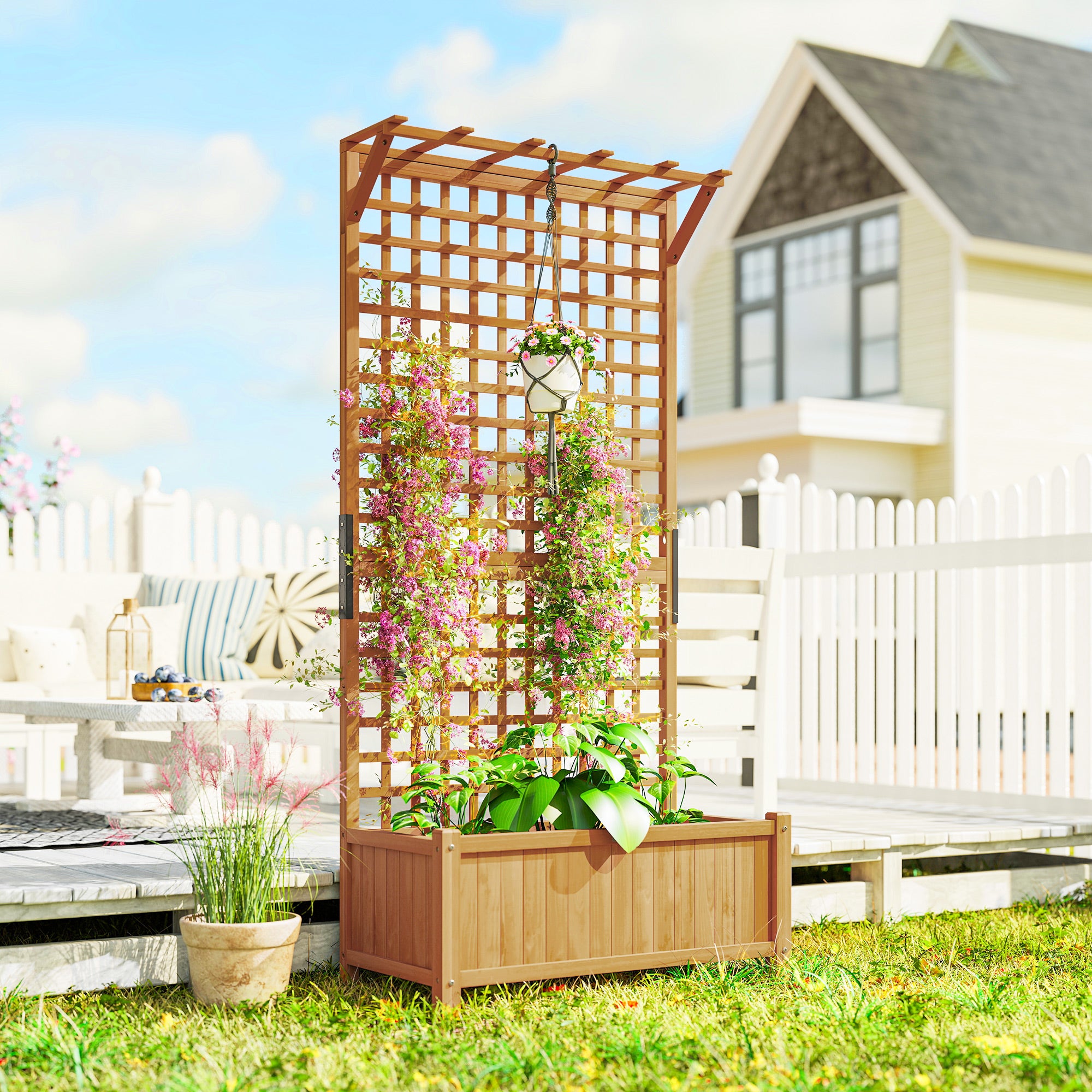 Wood Planter with Trellis for Vine Climbing, Raised Garden Bed, Privacy Screen for Backyard, Patio