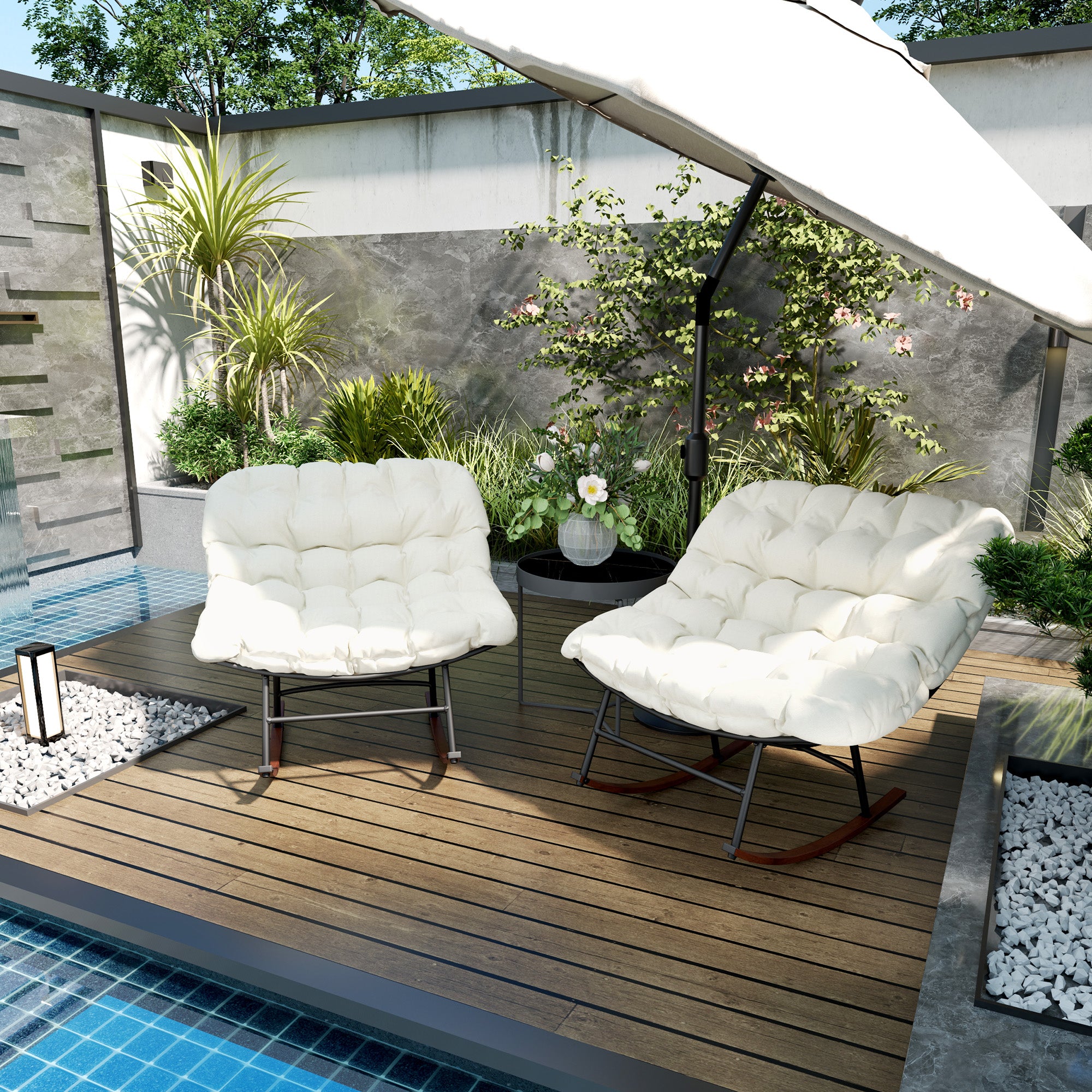 Outdoor Rocking Chair Patio Set of 2, Oversized Rocking Papasan Chairs with Cushions for Garden Porch, 265 lbs.
