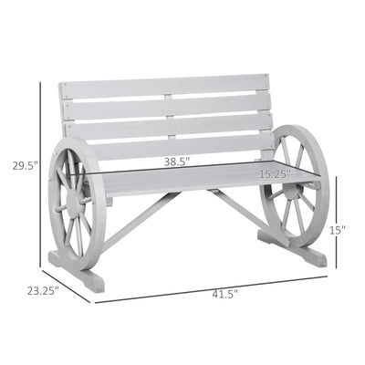 41" Wooden Wagon Wheel Bench, Rustic Outdoor Patio Weather Resistance Furniture, 2-Person Slatted Seat Bench with Backrest, Light Gray
