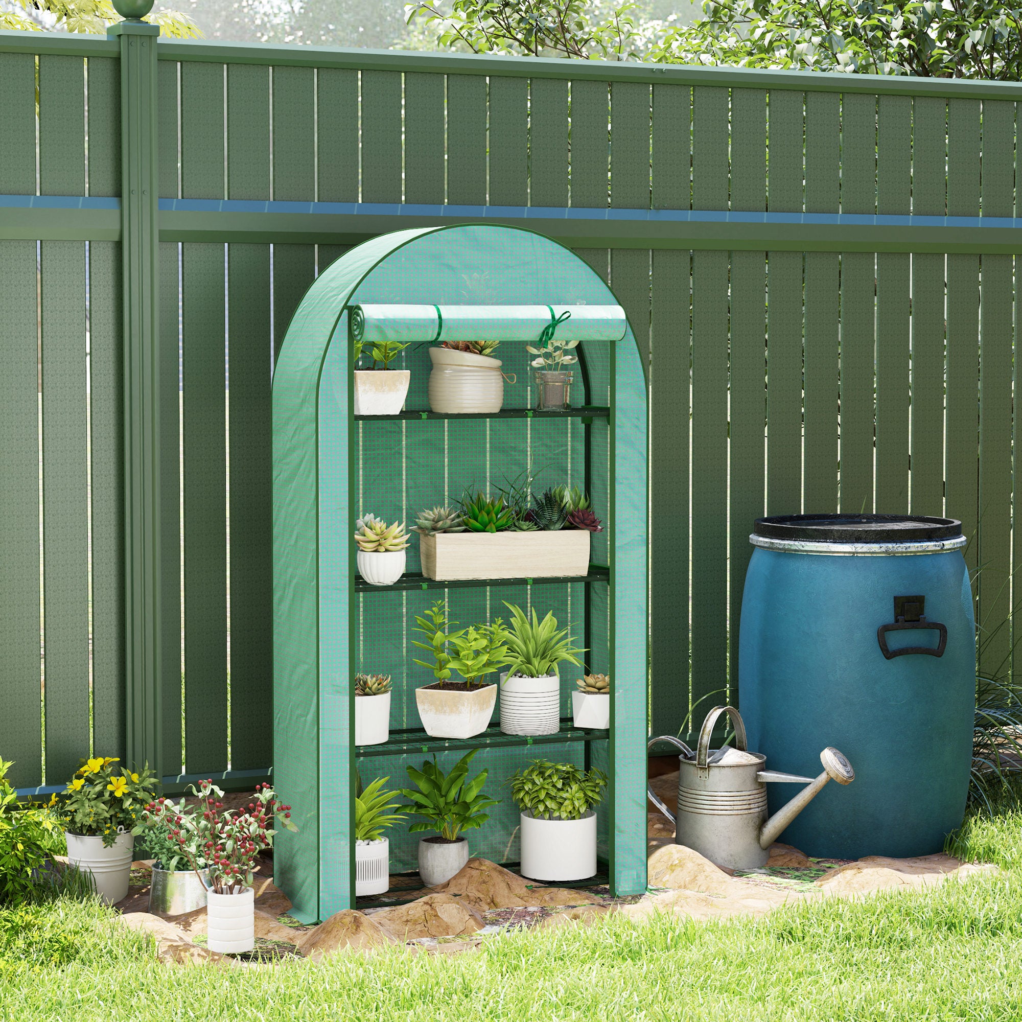 Mini Greenhouse, Portable Greenhouse with 4 Tier Shelves, Roll-Up Door, and Plastic Cover, 41.3" x 17.7" x 63", Green