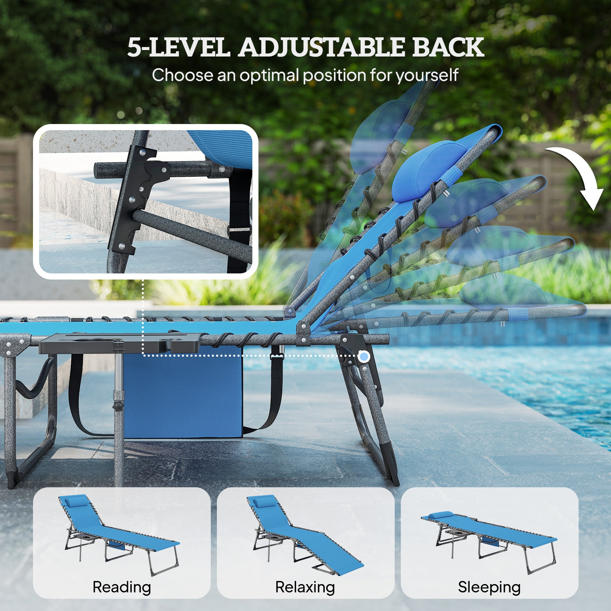 Folding Outdoor Chaise Lounge Chair Tanning Chair with 5-Level Adjustable Back, Side Table, Pillow, Pocket