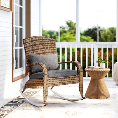 Adirondack Chair, Outdoor Wicker Rocking Chair with High Back, Seat Cushion, and Pillow for Porch, Balcony