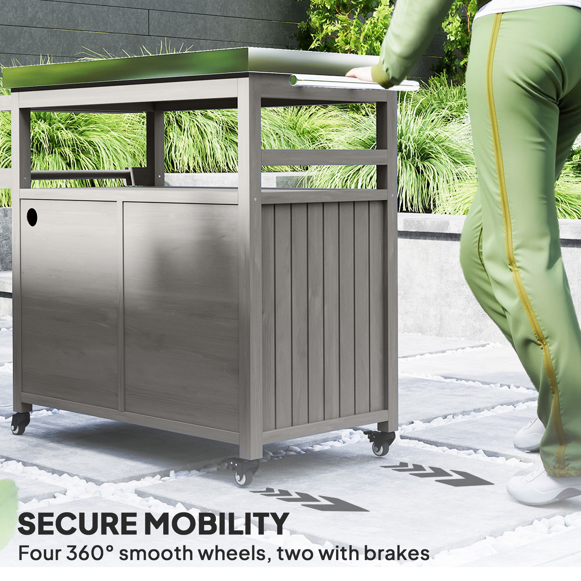 Outdoor Grill Cart w/ Stainless Steel Top, Solid Wood Outdoor Kitchen Island w/ Wheels, Storage Cabinets