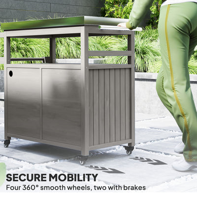 Outdoor Grill Cart w/ Stainless Steel Top, Solid Wood Outdoor Kitchen Island w/ Wheels, Storage Cabinets