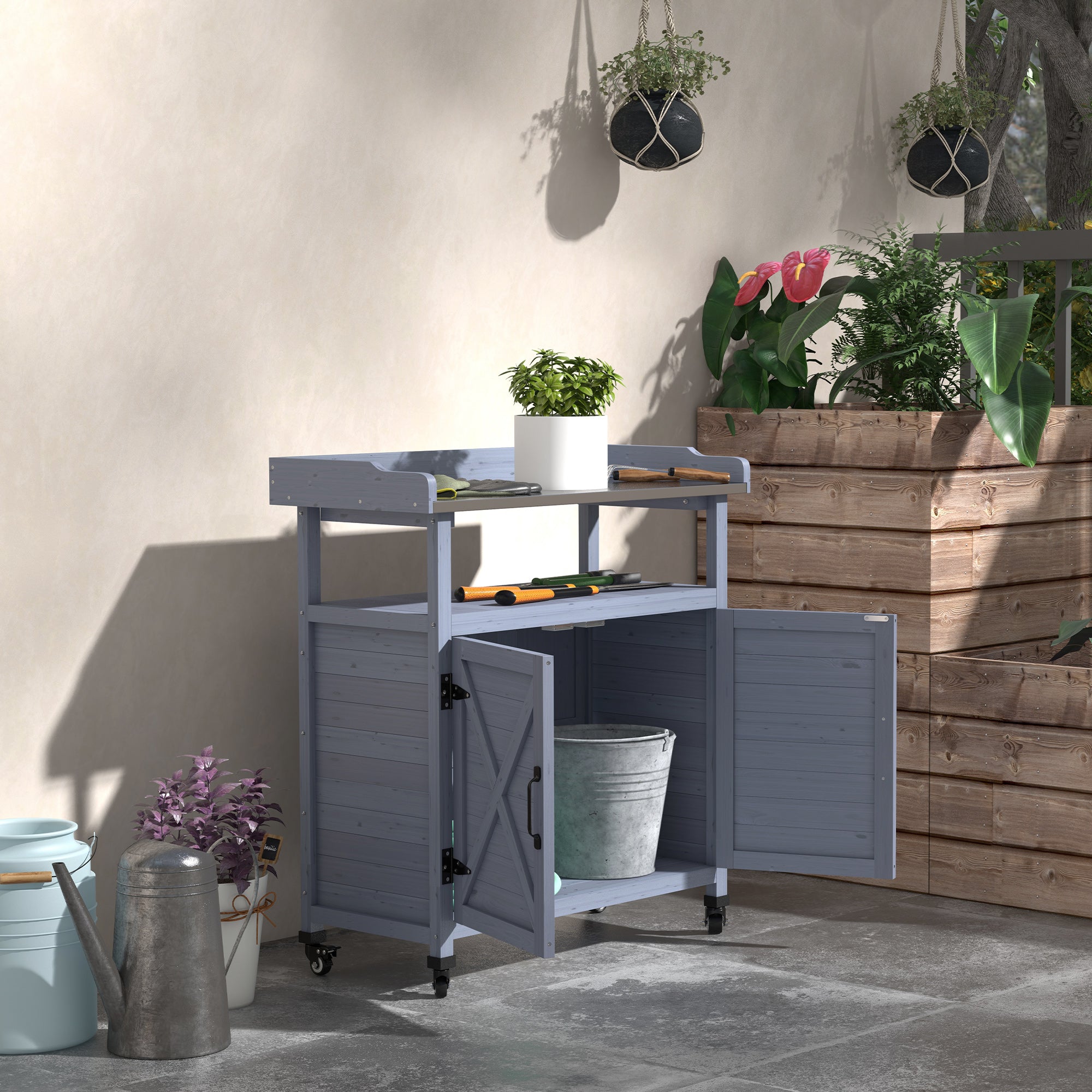 Outdoor Wooden Potting Bench with Storage Cabinet, Aluminum Tabletop, Rubber Wheels for Backyard, Patio, Balcony