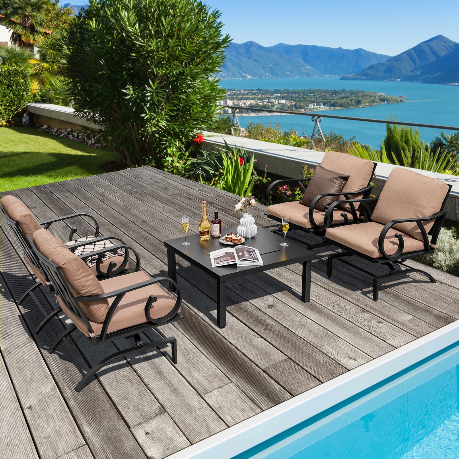 5 Pieces Patio Rocking Chairs and 4-in-1 Fire Pit Table with Fire Poker