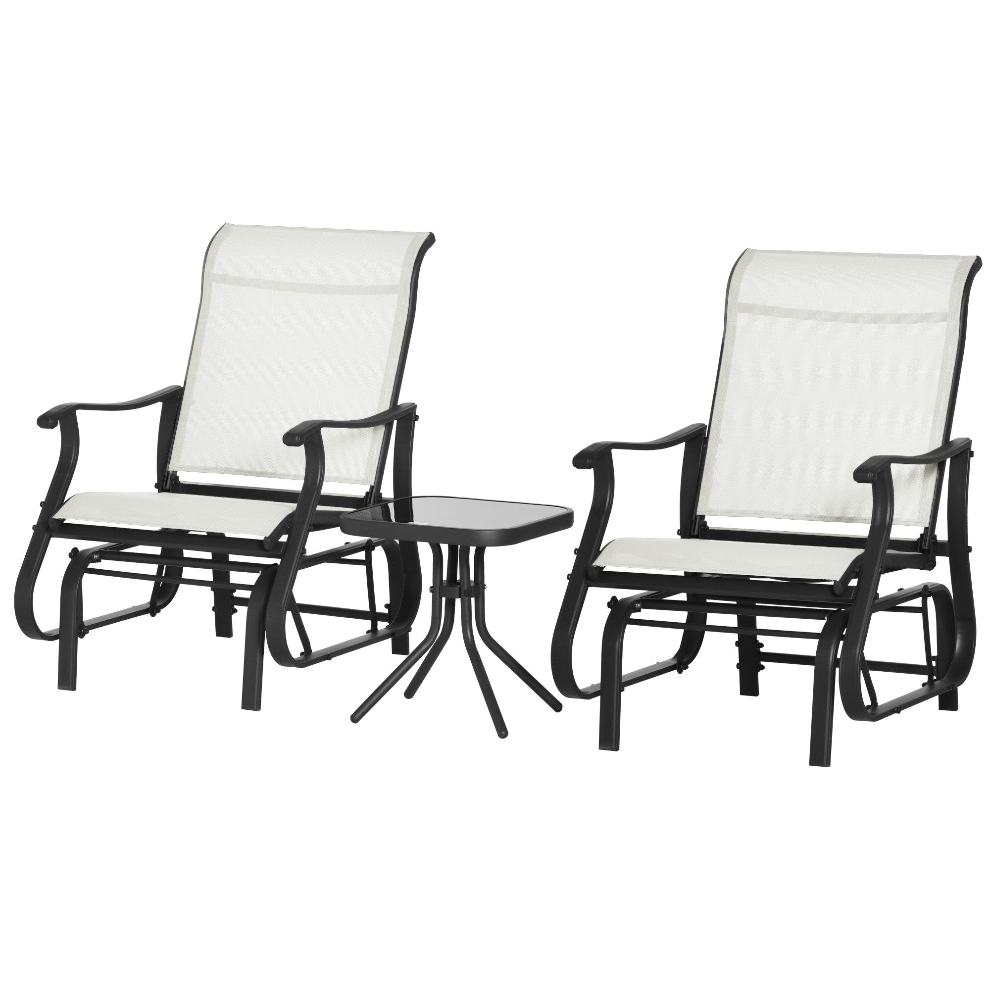 3-Piece Outdoor Gliders Set Bistro Set with Steel Frame, Tempered Glass Top Table for Patio, Garden, Backyard, Lawn