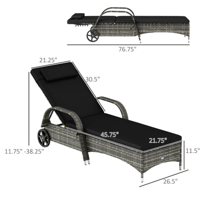 2 Reclining Chaise Lounge Chairs, Rolling Outdoor Chairs with Cushion, Pillow, Headrest, Armrests, and Wheels