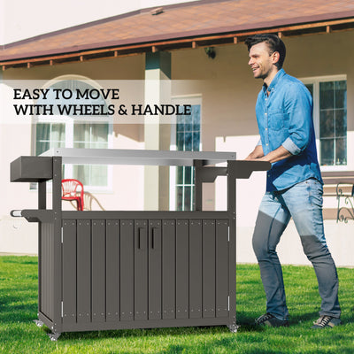 Outdoor Bar Cart with Storage, Stainless Steel Outdoor Bar Table Top, Wheeled HDPE Kitchen Island for Food Prep