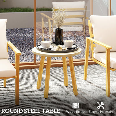 3 Piece Outdoor Bistro Set, Wood Effect Metal Patio Set with Wide and Deep Chairs, Round Table, Cushions, Cream White