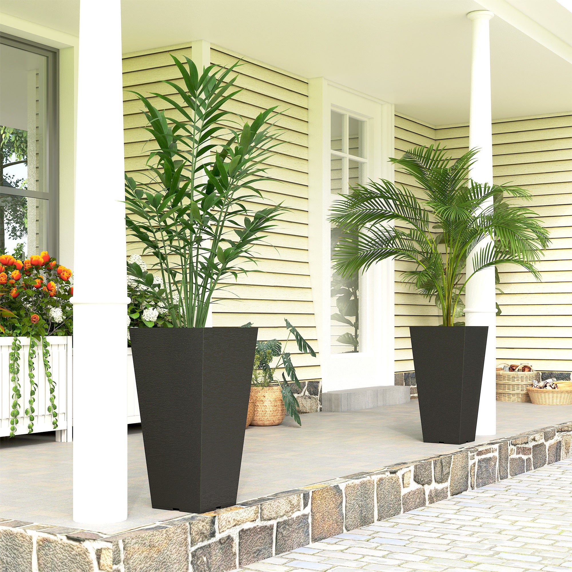 23 Inch Tall Planters for Outdoor Plants, Set of 2 Plastic Flower Pots, for Front Door Patio Garden Use