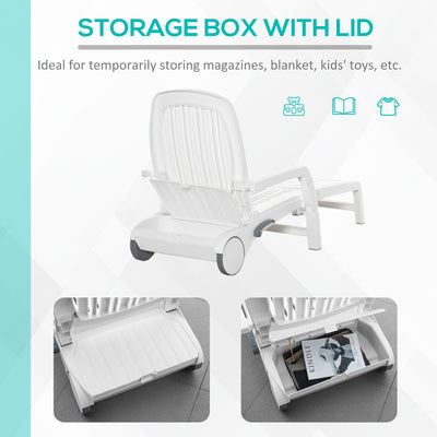 Outdoor Chaise Lounge Chair on Wheels with Storage Box, Waterproof Lounger with Quick Assembly, Folding Design, 5 Level Adjustable Backrest for Pool, Beach, Patio, Garden, White
