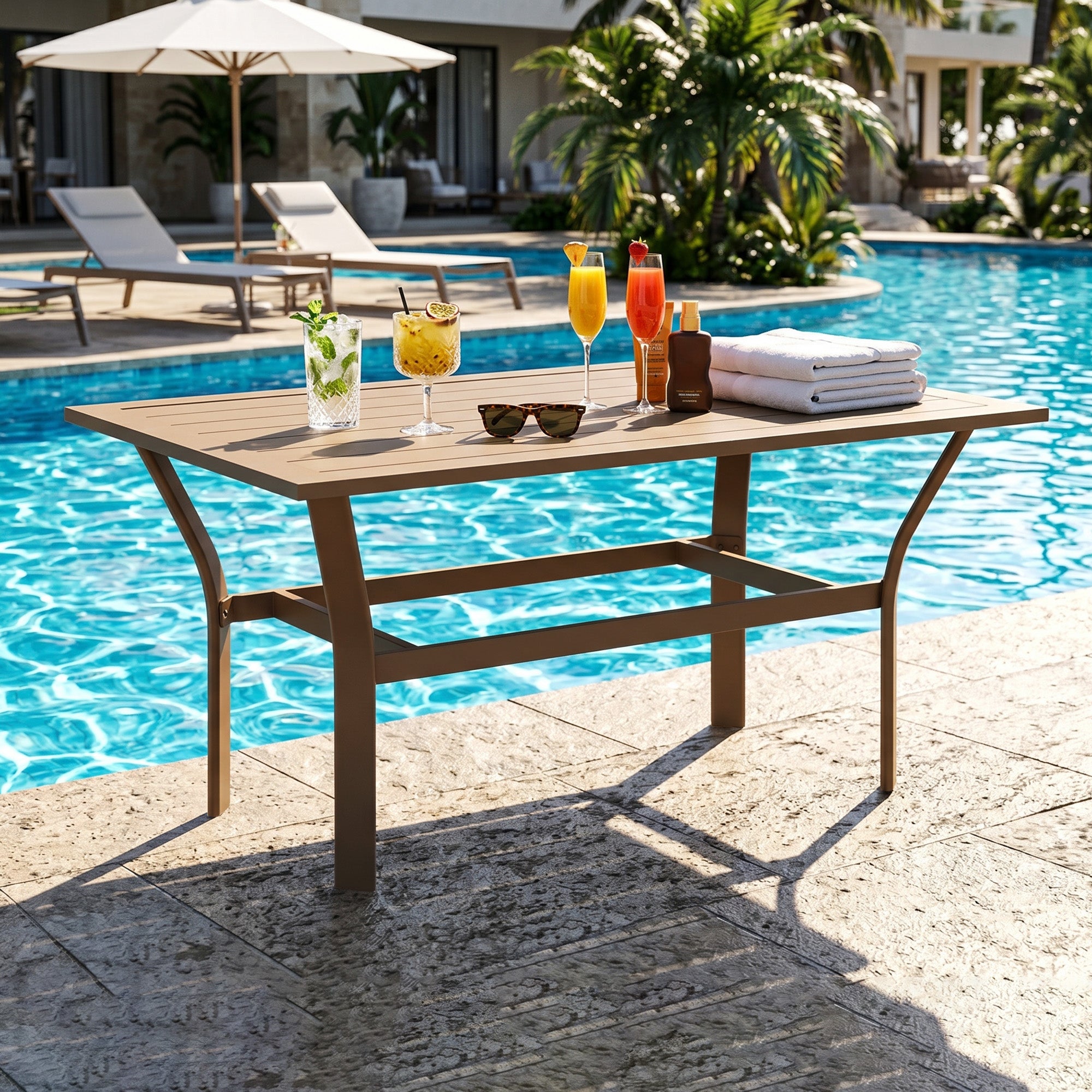 Outdoor Coffee Table with Slatted Tabletop, All-Weather Rectangle Metal Patio Coffee Table for Garden