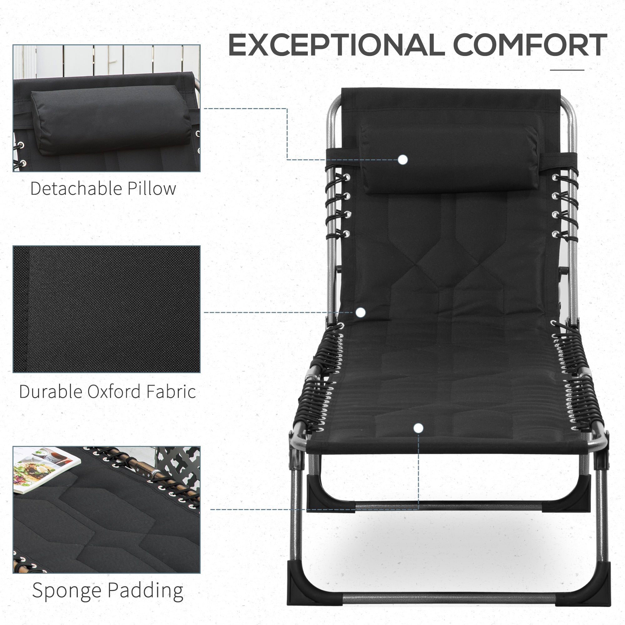Padded Folding Chaise Lounge Chair, Outdoor 6-Level Reclining Camping Tanning Chair with Headrest for Beach, Yard, Patio, Pool