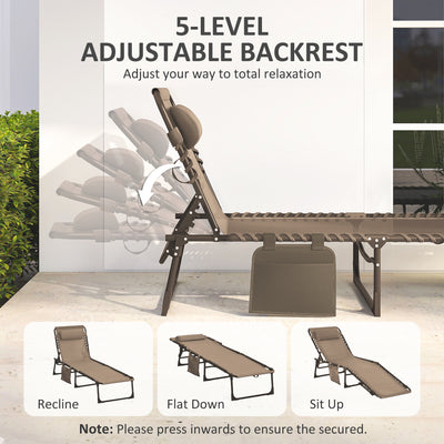 Reclining Chaise Lounge Chair, Portable Sun Lounger, Folding Camping Cot with Adjustable Backrest and Removable Pillow, for Patio, Garden, Beach