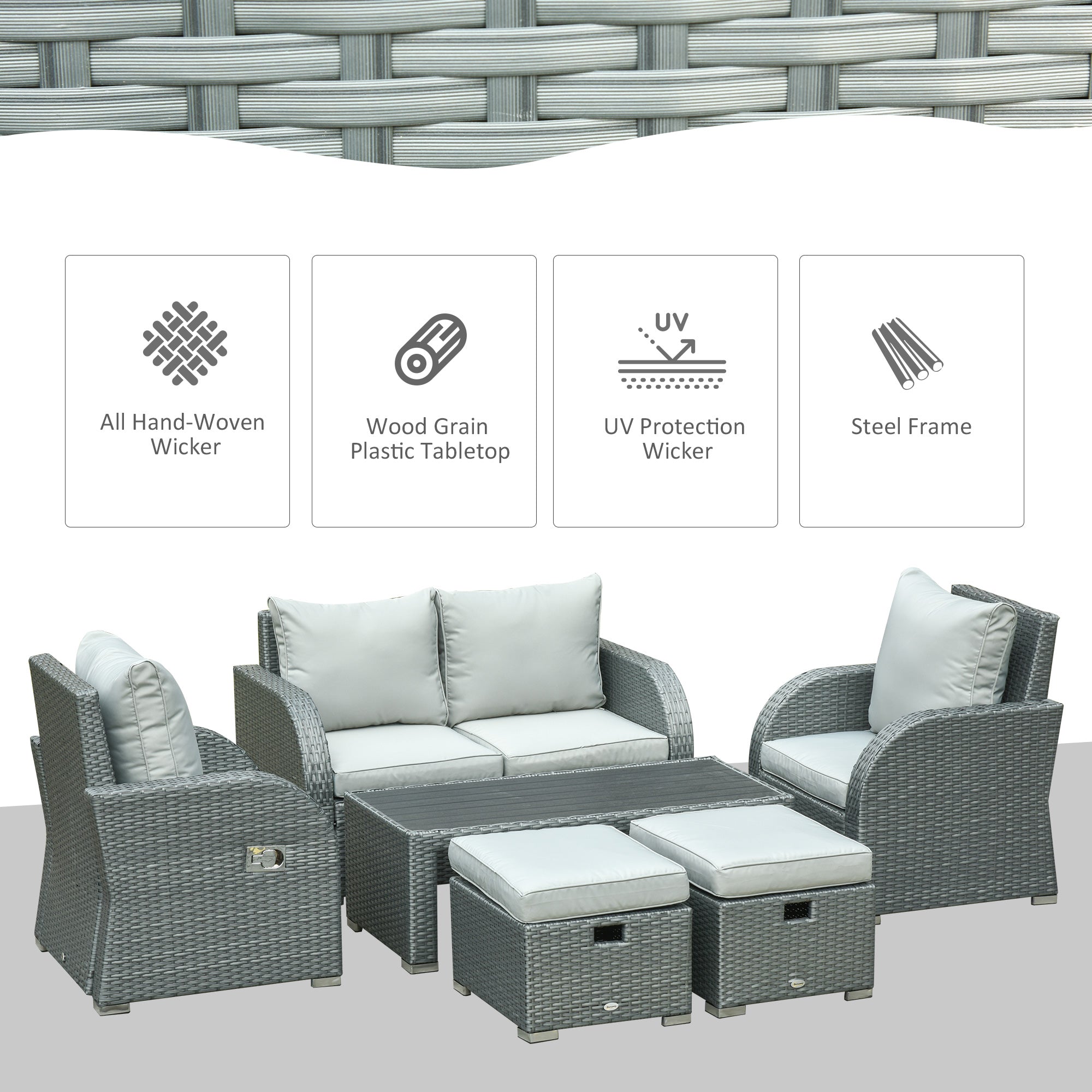 6-PCs Patio Furniture Sets Outdoor Wicker Sofa Set Rattan Angle Adjustable Recline Single Chair Conversation Set, Ottomans, w/ Polyester Tea Table Gas Spring  & Soft Washable Cushions, Grey