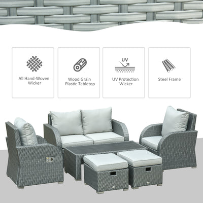 6-PCs Patio Furniture Sets Outdoor Wicker Sofa Set Rattan Angle Adjustable Recline Single Chair Conversation Set, Ottomans, w/ Polyester Tea Table Gas Spring  & Soft Washable Cushions, Grey