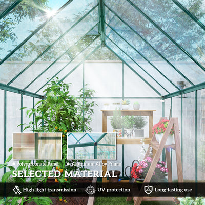 Polycarbonate Greenhouse with Swing Door and Two Adjustable Roof Vents, Aluminum Walk-in Greenhouse, 11x6 ft