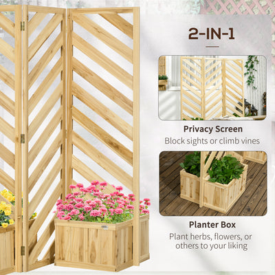 Decorative Outdoor Privacy Screen, Freestanding Divider/Separator with 4 Self-Draining Planters, 3 Trellis Plant Support Panels for Garden Walkway, Backyard, Natural Wood
