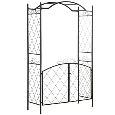 85" Garden Arch Arbor, Metal Arch Trellis with Gate, Garden Archway for Climbing Vines, Wedding Ceremony Decoration, Black