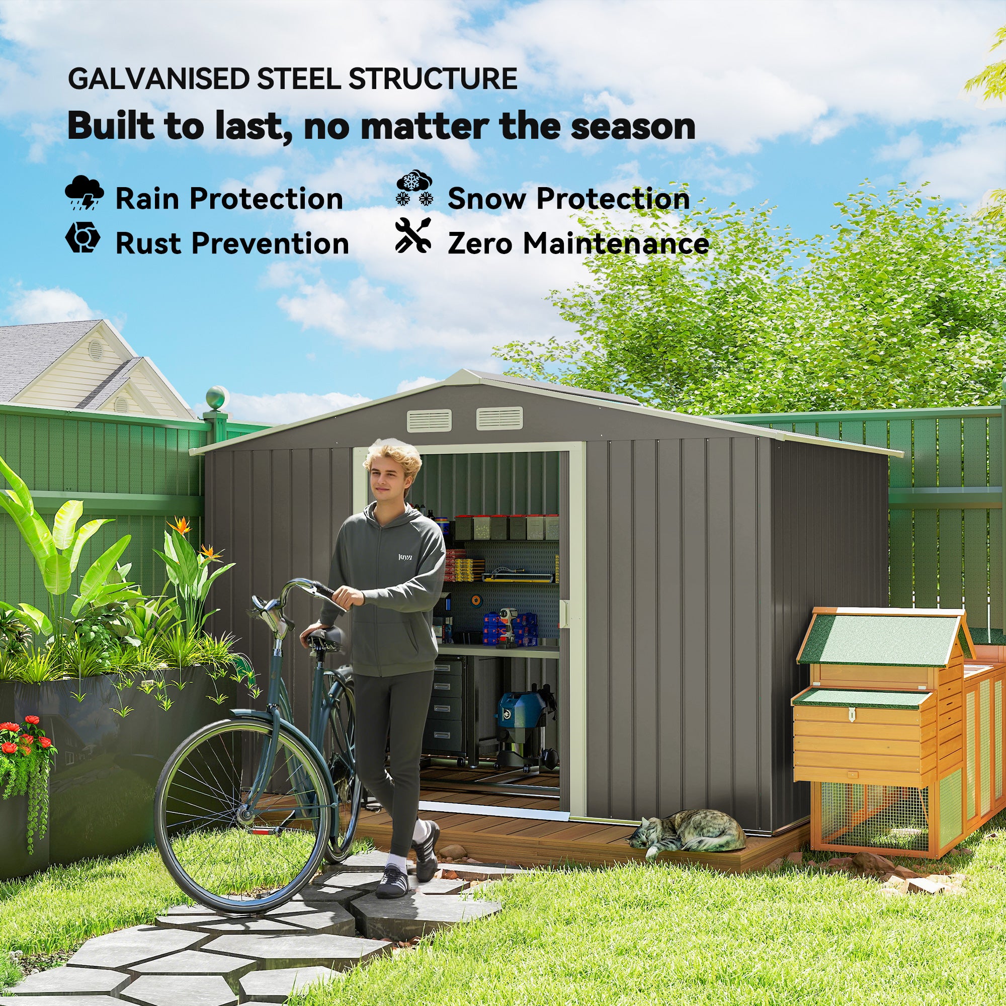 9' x 6' Outdoor Storage Shed, Garden Tool Metal Shed with Foundation Kit, Double Lockable Door, Air Vents and Sloping Roof, for Backyard, Patio, Lawn